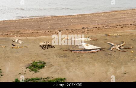 Sculture di pietra e legno di driftwood correlate al coronavirus su Hawthorn Hive Beach vicino a Seaham, Co. Durham, Inghilterra, Regno Unito Foto Stock