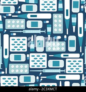 Pillole, termometri, bande su blu, modello senza cuciture Illustrazione Vettoriale