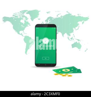 Immagine vettoriale dei trasferimenti di denaro internazionali riusciti tramite l'app per smartphone Illustrazione Vettoriale