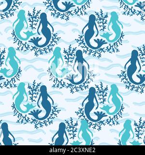 Cute magica sirena blu modello senza cuciture. Illustrazione del vettore cartoon disegnato a mano. Fantasia magica sotto il mare animali su strisce. Spiaggia nautica Illustrazione Vettoriale