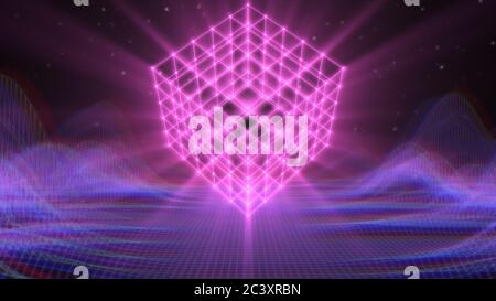 Retro Synthwave 3D laser Wireframe Cube rotante su 80s Neon Grid - Abstract background Texture Foto Stock