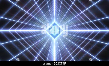 Synthwave Neon laser Grid Tunnel e retro 80s Wireframe Octahedron - Abstract background Texture Foto Stock