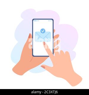 Una mano contiene un telefono con un messaggio sullo schermo. Invio di un messaggio. Busta sul touch screen. Illustrazione vettoriale di cartoni animati piatti per siti web e banner Illustrazione Vettoriale