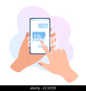 Donna che tiene il cellulare e chiacchierare. E-mail, contatti, messaggi di testo, rete, icone di navigazione. Concetto di comunicazione in blu Illustrazione Vettoriale