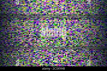 Disturbo pixel glitch con distorsione retro vhs. Effetto video analogico. Vecchio concetto di TV con linee orizzontali. Modello schermo a colori. Errore canale. Vettore Illustrazione Vettoriale