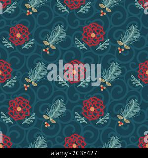 Disegno a mano astratto fogliame natalizio modello. Ramo di abete intossato, sfondo di fiore poinsettia. Vacanze invernali su tutta la stampa. Regalo di festa Illustrazione Vettoriale