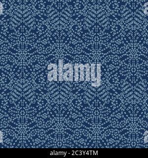 Motivo floreale Sashiko StyleJapanese Needlework motivo vettoriale senza giunture. Tessuto Blue Line Indigo per stampa tessile, decorazione classica giapponese Illustrazione Vettoriale