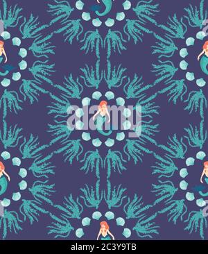 Cute magica sirena blu modello senza cuciture. Illustrazione del vettore cartoon disegnato a mano. Fantasia magica sotto il mare animali su strisce. Spiaggia nautica Illustrazione Vettoriale