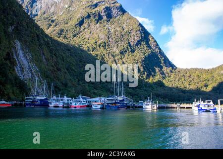 Milford Sound, Fiordland, Nuova Zelanda, giugno 20 2020: Le navi da crociera attraccate al molo di Milford Sound. Il turismo è a un livello basso come risultato del Covid-19 Foto Stock