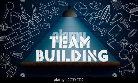 Parola di squadra con lampada sulla parete. rendering 3d Foto Stock