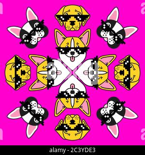 Bulldog francese, corgi e labrador in occhiali da sole su sfondo alla moda rosa neon. Kaleidoscopio cani hipster. Design per biglietti d'auguri, adesivi, poster e t-shirt Illustrazione Vettoriale