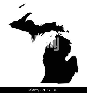 Mappe dello stato del Michigan MI. Mappa solida silhouette nera isolata su sfondo bianco. Vettore EPS Illustrazione Vettoriale