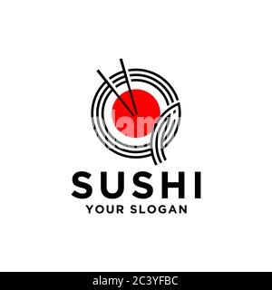 Vettore di disegno del logo giapponese Sushi Seafood, modello di bacchetta e ciotola, illustrazione vettoriale di cibo e bevande Illustrazione Vettoriale