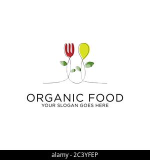 Design creativo del logo degli alimenti biologici, logo intelligente da modello vettoriale di cibi sani e bevande Illustrazione Vettoriale