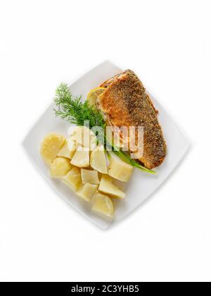 Pesce impanato su un piatto con patate bollite e un'alata di aneto fresco. Primo piano, vista dall'alto. Isolato su sfondo bianco Foto Stock