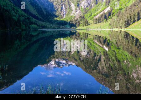 Le splendide montagne dello Schladminer Tauern si riflettono sulla tranquilla superficie dell'acqua dello Steirischer Bodensee, della regione dello Schladming, della Stiria, in Austria Foto Stock