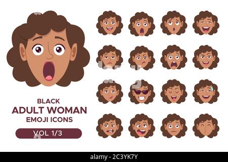 Set avatar emotività facciale femminile. Donna nera adulta emoji carattere con espressioni diverse. Illustrazione vettoriale in stile cartoon. Set 1 di 3. Illustrazione Vettoriale