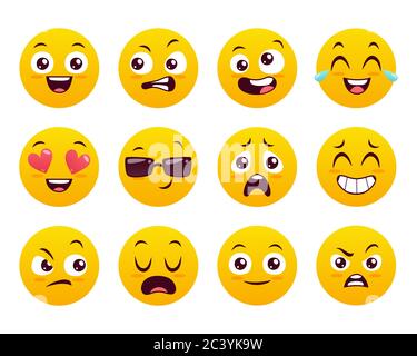 Icone emoticon impostate. Emiji gialli classici isolati su sfondo bianco. Collezione carina e divertente. Set 1 di 5. Illustrazione Vettoriale