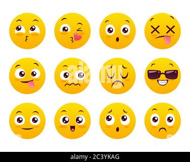 Icone emoticon impostate. Emiji gialli classici isolati su sfondo bianco. Collezione carina e divertente. Set 4 di 5. Illustrazione Vettoriale