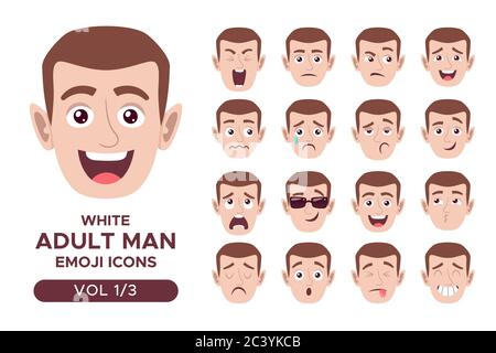 Set avatar emotivo facciale maschile. Personaggio bianco emoji uomo adulto con espressioni diverse. Illustrazione vettoriale in stile cartoon. Set 1 di 3. Illustrazione Vettoriale