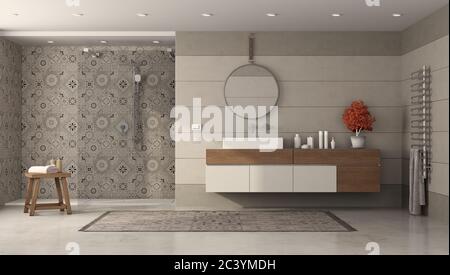 Bagno moderno con lavabo e doccia con piastrelle retrò - rendering 3d Foto Stock