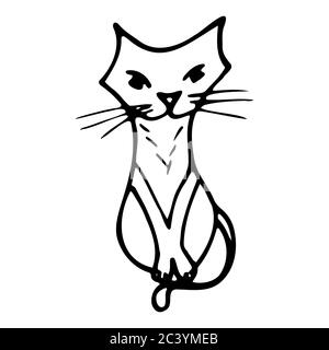 Cat. Disegnato a mano Cartoon gatto contorno stile doodle. Immagine vettoriale trasparente isolata su sfondo bianco. Decorazione per biglietti d'auguri, poster Illustrazione Vettoriale