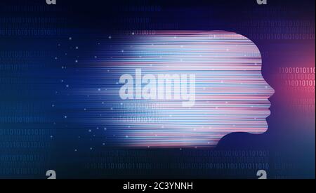 Intelligenza artificiale. Illustrazione concettuale la silhouette della testa umana si affievolisce in cifre di codice binario Foto Stock