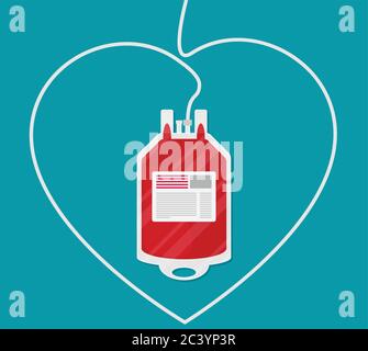 La donazione di sangue in borsa con il tubo sagomato come un cuore. Uno stile piatto illustrazione vettoriale Illustrazione Vettoriale