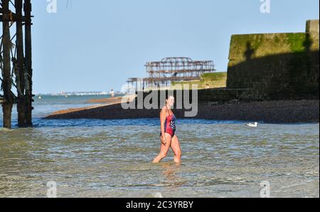 Brighton UK 23 giugno 2020 - un nuotatore di prima mattina emerge dal mare dopo un tuffo a Brighton oggi. Il tempo è previsto per ottenere ancora più caldo nei prossimi giorni con temperature previste per raggiungere oltre 30 gradi in parti del Sud-Est: Credit Simon Dack / Alamy Live News Foto Stock