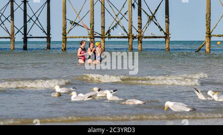 Brighton UK 23 giugno 2020 - i nuotatori di prima mattina godono del sole caldo bello sulla spiaggia e sul lungomare di Brighton. Il tempo è previsto per ottenere ancora più caldo nei prossimi giorni con temperature previste per raggiungere oltre 30 gradi in parti del Sud-Est: Credit Simon Dack / Alamy Live News Foto Stock