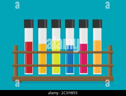 Provette per analisi vettoriali piatte multicolore, liquido in rack. Illustrazione Vettoriale