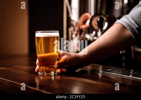 Barista che tiene birra leggera sul banco bar in legno Foto Stock