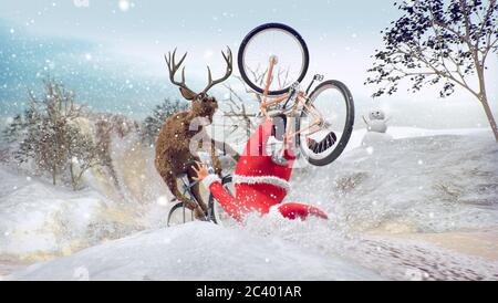 Divertente Lame e Bad Babbo Natale in bicicletta con le renne amiche in una corsa. Buon Natale, Felice Anno Nuovo. San Nicola giorno. Manichino sfida. Foto Stock