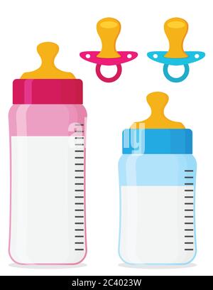 Set di icone vettoriali piatte per biberon e succhietti per bambini Illustrazione Vettoriale