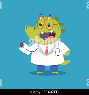 Medico dei bambini coccodrillo con stetoscopio vettore cartoon divertente carattere medico isolato sullo sfondo. Illustrazione Vettoriale
