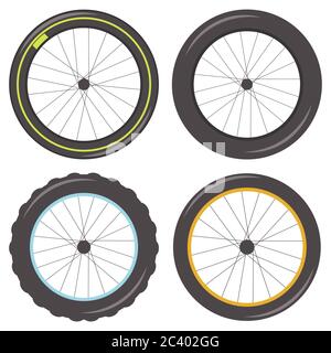 Ruota per biciclette con razze di vario tipo: Sportiva, grassa, chiodata e classica. Le icone vettoriali vengono impostate isolate su sfondo bianco. Illustrazione Vettoriale