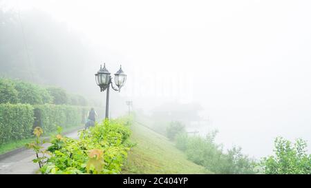 sentiero con lanterne e una verde pendenza al lago con forte nebbia di evaporazione in estate mattina. sfondo Foto Stock