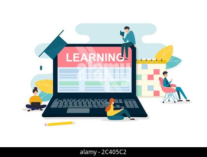 Persone che studiano online intorno al laptop con apprendimento delle parole sullo schermo, sfondo bianco. Illustrazione vettoriale in stile piatto Illustrazione Vettoriale