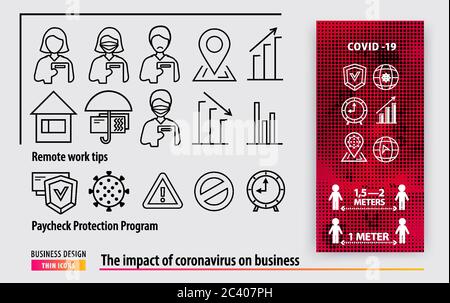 Icone di linea nere. Sostegno alle imprese durante l'epidemia di coronavirus. Suggerimenti di lavoro a distanza. Programma di protezione Paycheck. Mantenere la distanza di 1 metro. Illustrazione Vettoriale