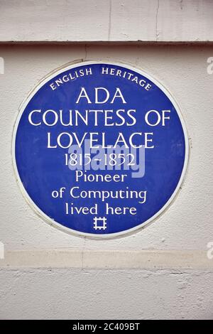 La contessa ADA di Lovelace 1815-1852, pioniera del computing, ha vissuto qui. Foto Stock