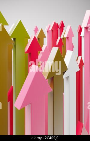 Frecce in uno schema colore verde rosso rosa bianco che punta verso l'alto. Concetto per i successi di crescita Foto Stock