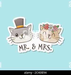 Il signor e la signora Cat si sposano. Graziosi gatti disegnati a mano con cappelli da cerimonia nuziale. Concetto di amanti dei gatti. Concetto di coppia e matrimonio. Vettore cartoon Illustrazione Vettoriale