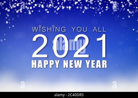 Felice biglietto di auguri blu per il 2021 con design da neve. Foto Stock