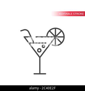 Icona vettoriale sottile in vetro di cocktail o martini. Martini bevanda con la paglia e limone fetta di contorno simbolo, tratto modificabile. Illustrazione Vettoriale