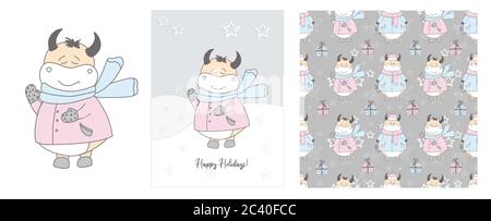 Carino bue in un'illustrazione della sciarpa. Carte invernali disegnate a mano e motivo senza cuciture. Boll. 2021. Buone vacanze. Natale e Capodanno. Illustrazione Vettoriale