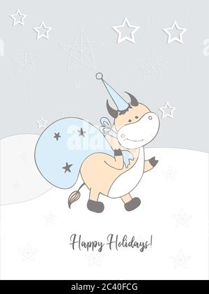 Carta di Capodanno del 2021. Un'onda o un toro. Carta invernale disegnata a mano. Buone feste. Illustrazione Vettoriale