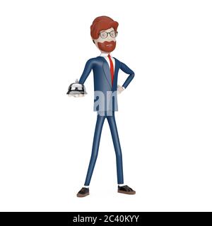 Personaggio Cartoon uomo d'affari con Desk Service Bell Ring in mano su uno sfondo bianco. Rendering 3d Foto Stock