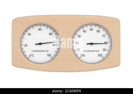 Termometro in legno e igrometro per sauna su fondo bianco. Rendering 3d Foto Stock