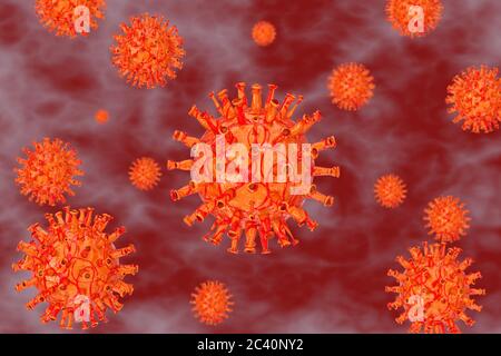 Nuove cellule di Coronavirus COVID-19 che galleggianti nel microscopio dell'organismo umano Closeup estremo. Rendering 3d Foto Stock
