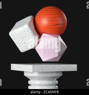 Oggetto colorato Abstract Soft Body su piedistallo, palco, podio o colonna in marmo su sfondo nero. Rendering 3d Foto Stock